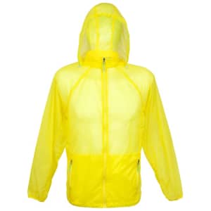 A bright yellow men's air jacket with a hood and zippered pockets, featuring a logo on the front.