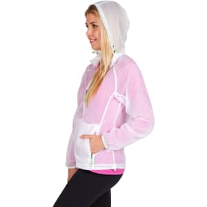 A lightweight women's air jacket in pink and white, featuring a hood and zippered pockets, with a logo.