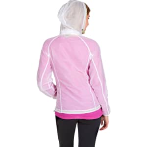 A lightweight women's jacket in pink with a hood, featuring a logos and a breathable design.