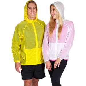 A yellow and a pink women's air jacket are worn by a smiling woman and man, each featuring a hood and branding.