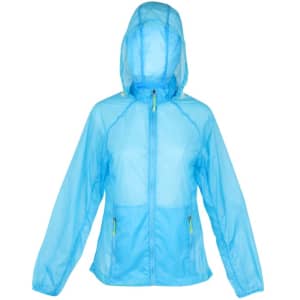 A light blue women's jacket featuring a hood and zippered pockets, designed for versatility and comfort.
