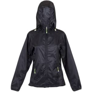 A women's black air jacket featuring a hood and green zip accents, with a logo on the front.