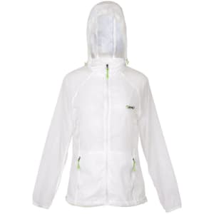 A white women's jacket with a hood, featuring zippered pockets and green accents. It has a branding logo on the front.