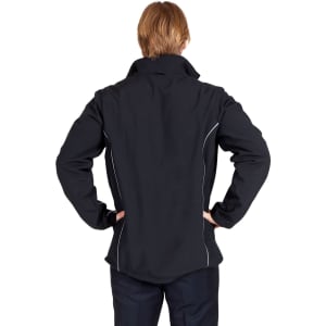 A black men's jacket featuring a high collar and white accent stitching, shown from the back. It has a logo on it.
