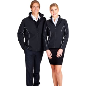 A black men's jacket with white piping, modelled by a male and female against a plain background.