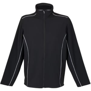 A black jacket with contrasting white piping and a high collar, featuring a logo on one side.