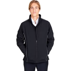 A black men's jacket with a zip front and contrasting trim. The model stands with hands in pockets.