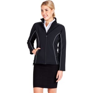 A women's black jacket with white piping, featuring a zip front and side pockets, and a branded logo.