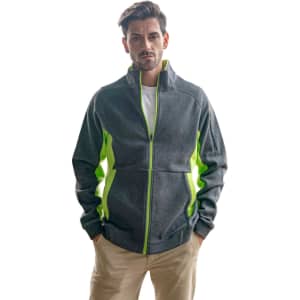 A men's jacket in dark grey with bright green accents and a zip front, featuring a logo on the chest.