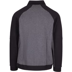 A men's jacket featuring a grey body with black sleeves and a collar, designed with a simple, modern look.