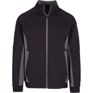 A men's jacket featuring a zip front, in black with grey accents, and a logo on the sleeve.
