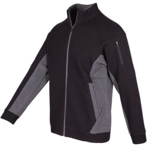 A men's jacket in black with grey panels, featuring a zip front and a side pocket. It includes a logo.