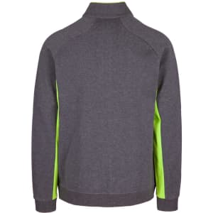 A men's jacket in grey with bright green side panels, featuring a high collar and a logo.