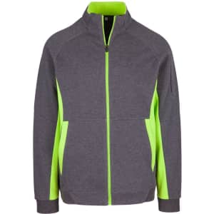 A grey jacket with bright green accents and a zip front. Features side pockets and a standing collar.