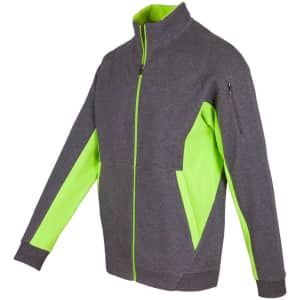 A grey jacket featuring bright green accents, with a zip closure and pockets, including a zippered chest pocket.