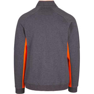 A men's jacket in grey with bright orange side panels, featuring a collar and a logo on the back.
