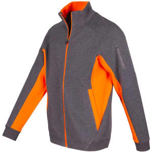 Men's jacket in grey with bright orange accents, featuring a zip front and side pockets. Includes a logo.