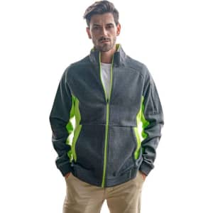A men's jacket in grey with bright green accents, featuring a zip front and a casual fit.