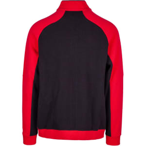 A men's jacket in red and black, featuring a high collar and raglan sleeves, with a branding logo.