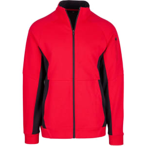 A red and black men's jacket featuring a zip front and a logo on the sleeve.