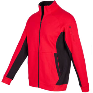 A red and black men's jacket with a zip front and side pockets, featuring a logo on the sleeve.