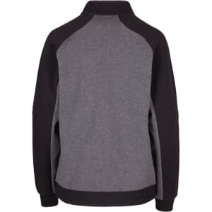 A women's jacket featuring a grey body and black sleeves, with a high collar and a logo on the back.