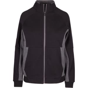 A women's icon jacket in black with grey accents, featuring a full zip and high collar. It has a logo on the chest.