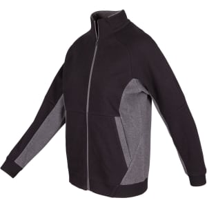 A black and grey women's jacket featuring a zip front, side pockets, and a high collar. It has a logo.