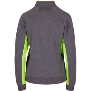A women's jacket in grey with bright green side panels, featuring a high collar and a logo.