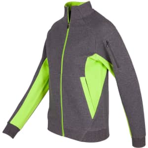 A grey jacket with bright green accents, featuring a zip front and side pockets. It includes a logo.