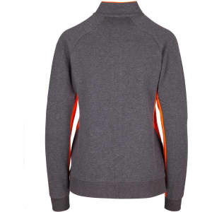 A grey women's jacket with orange accents, featuring a high collar and fitted design, includes a logo.