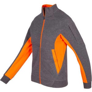 A grey jacket with bright orange accents and a zippered front, featuring a pocket on the sleeve and a logo.