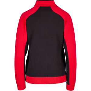 A women's jacket in black with red sleeves, featuring a collar and a branded logo.