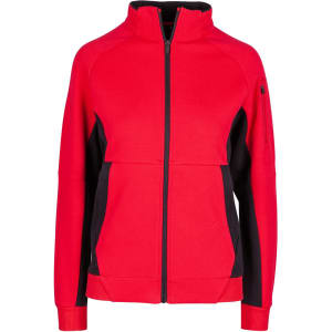A red and black women's jacket with a zip-up front and long sleeves, featuring a logo on the sleeve.