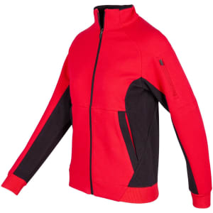 A red and black jacket with a zip, featuring a side pocket and a sleek design. It has a logo on it.