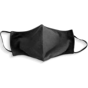 A black face mask made from 100% cotton, featuring ear loops and a plain design. It has a logo on one side.