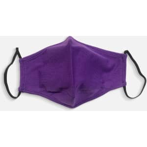A purple face mask made of 100% one-piece cotton with black ear straps and a simple design.