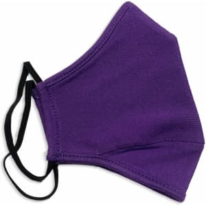 A purple 100% cotton face mask with black elastic ear loops and a contoured shape.
