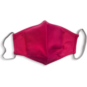 A pink cotton face mask with grey ear straps, featuring a smooth texture and contoured shape.