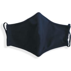 A navy blue face mask made of 100% one-piece cotton with ear loops and a simple design.