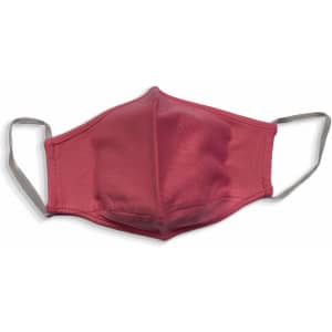 A red face mask made from 100% cotton with grey ear straps and a logo.