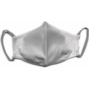 A grey face mask made from 100% cotton, featuring elastic ear loops and a smooth finish.