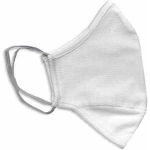 A white cotton face mask with elastic ear straps, featuring a logo on the side. Ideal for health and personal use.