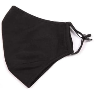 A black face mask made from 100% one piece cotton, featuring adjustable toggle straps.
