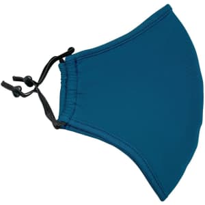 A teal face mask made from 100% cotton with an adjustable toggle for a secure fit.