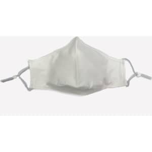 A white face mask made of 100% cotton with adjustable toggle straps. It features a simple design and has a logo.