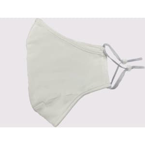 A white, adjustable cotton face mask with toggle features is displayed. It has a simple, minimalistic design.