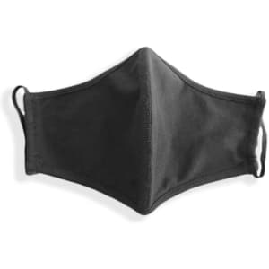 A black cotton face mask with ear loops and a contoured shape, featuring a logo.