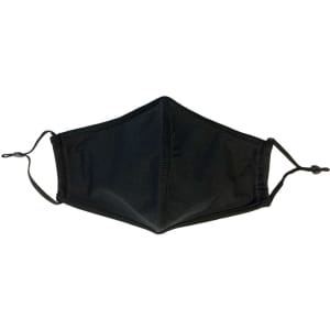 A black middle seamed cotton face mask with adjustable toggles and ear loops. It features a logo.
