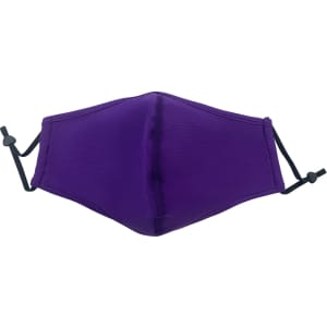 A purple cotton face mask with adjustable toggle ear straps and a seam in the middle, featuring a logo.